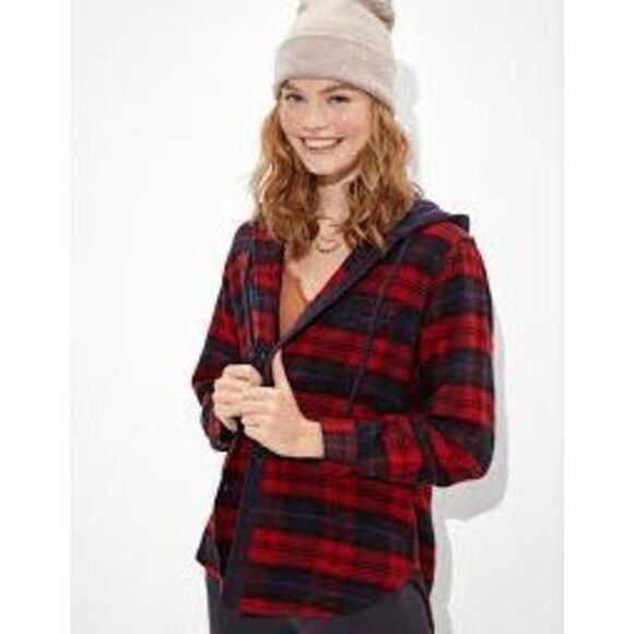 American Eagle Cozy Cabin Oversized Hooded Flannel Shirt Large - Picture 2 of 7